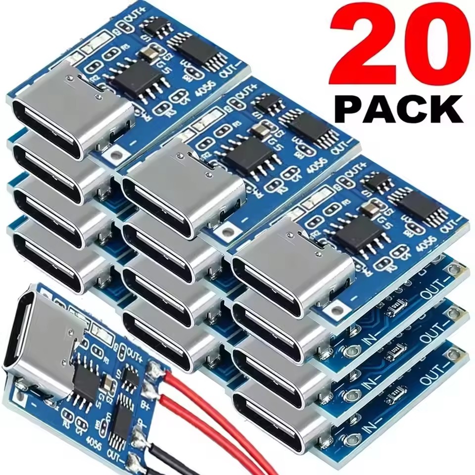 Micro Usb Cable - 20個入り、Type-C/Micro USB充電ボードコネクタープラグ。18650リチウムバッテリー用、USB-C 5V 1A充電モジュール、保護回路付き。