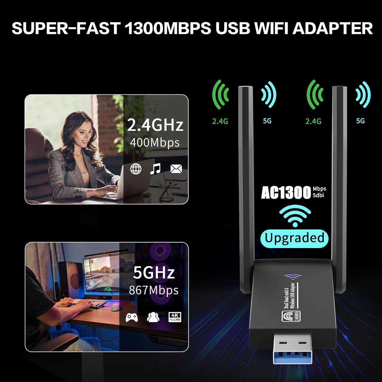 1300Mbps USB WiFiアダプター デュアルバンド - Antenna 2.4Ghz のレビューと価格